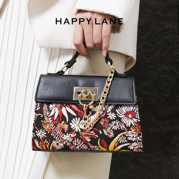 NIP Floral Embroidered Mini Satchel Bag Gold Chain Lock Top Handle Crossbody - Picture 9 of 9